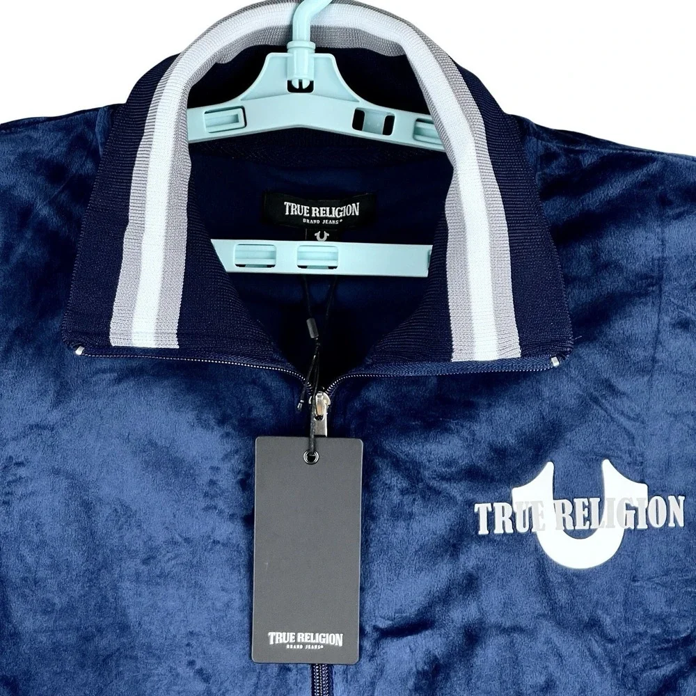 True Religion Men's Blue Velour World Tour Track Jacket Size Small Full Zip NWT